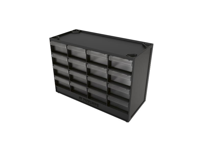 Organiseur de rangement noir avec plusieurs tiroirs transparents pour petites pièces.