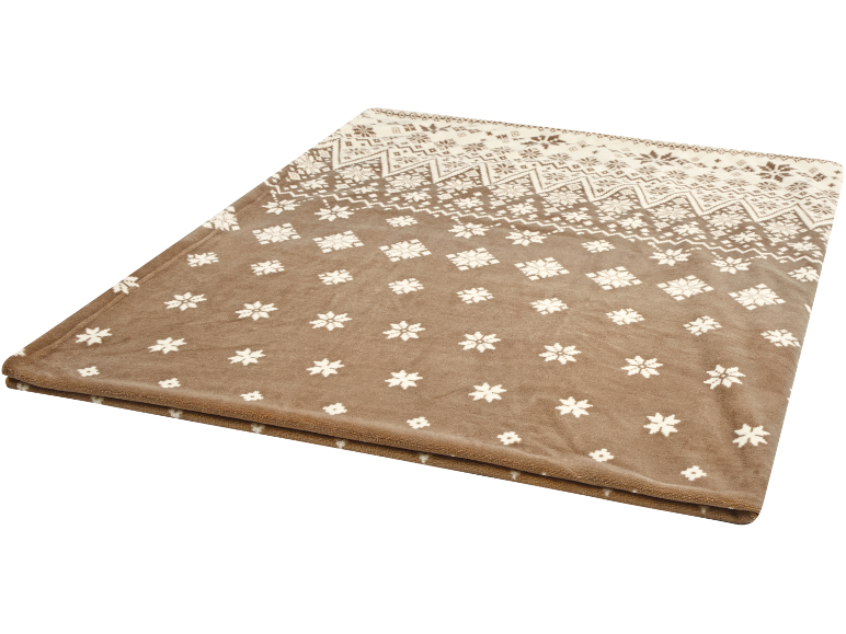 Couverture polaire marron avec motifs de flocons de neige blancs et géométriques.