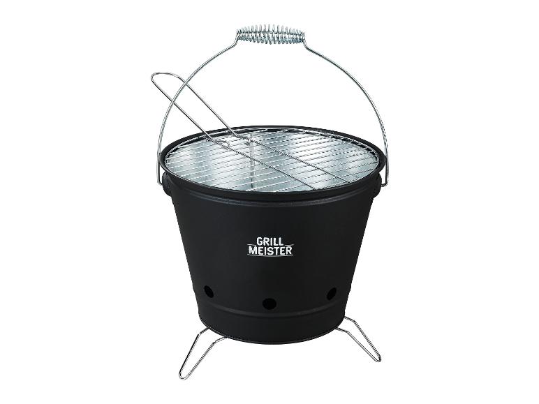 Barbecue Grill Meister : seau noir avec grille et support.
