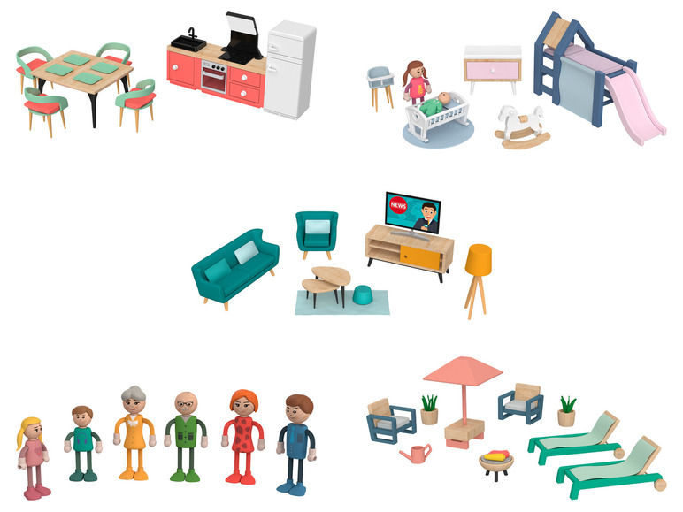 Meubles de jeu pour une maison de poupée, y compris une cuisine, un salon, une chambre et un jardin.