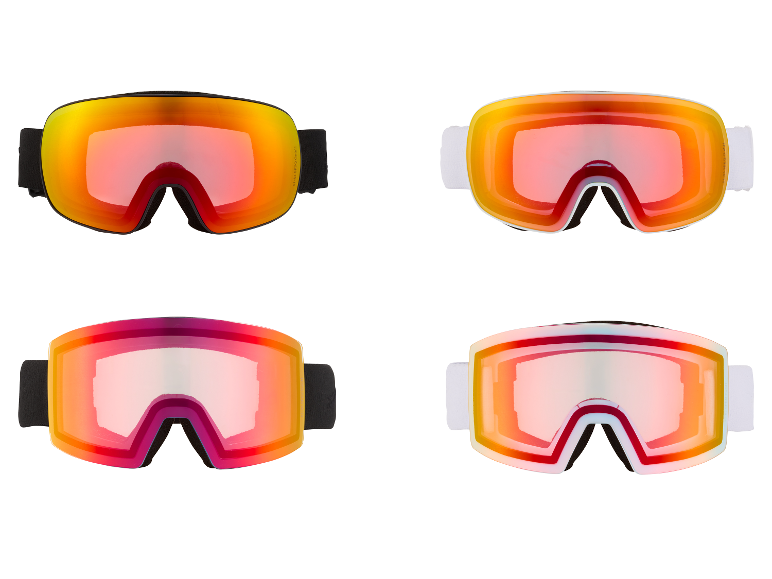 Quatre paires de masques de ski avec des verres colorés et miroirs.