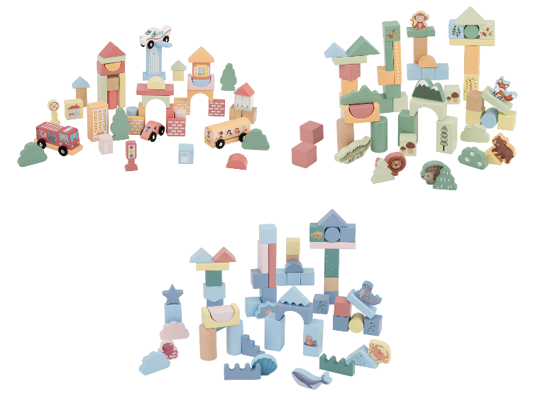 Jouets en bois LUPILU®: blocs thématiques ville, forêt et mer avec véhicules et animaux.