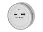 Chargeur USB rond blanc avec ports USB-C et USB-A, indiquant 5.0V DC Max.3.4A.