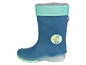 Bottes de pluie bleues avec une doublure verte et un motif de skateboard et de rollers.