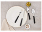 Une assiette blanche avec des couverts noirs, dont un couteau Ernesto.