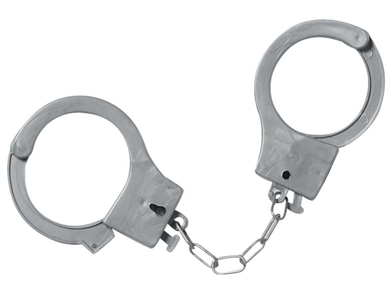 Menottes en métal argenté avec une courte chaîne au centre.