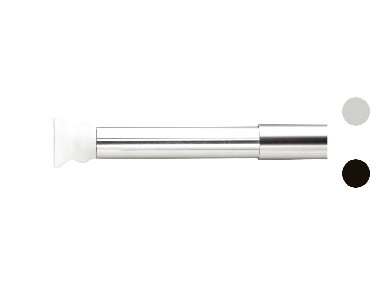 Tringle de douche télescopique chromée avec embouts blancs.