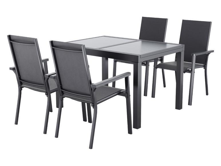 Ensemble de salle à manger d'extérieur gris foncé avec table carrée et quatre chaises