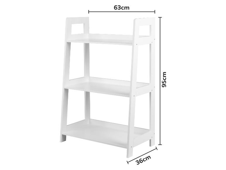 Étagère blanche à 3 niveaux mesurant 63cm (largeur) x 95cm (hauteur) x 36cm (profondeur).
