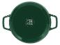 Plat de cuisson rond vert avec poignées, affichant des symboles de compatibilité de cuisson.