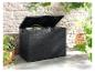 Grand coffre de rangement extérieur noir imitation bois, idéal pour jardin.