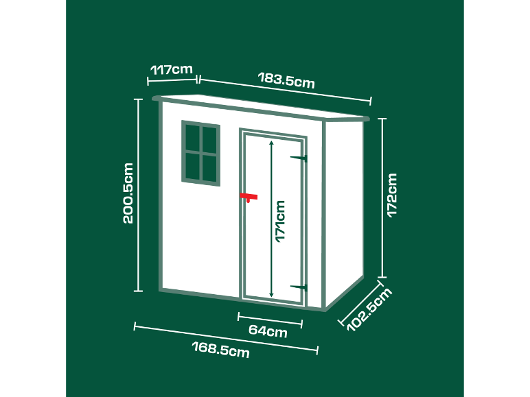 Dimensions d'un abri de jardin avec une porte de 171 cm de haut et une hauteur totale de 200,5 cm.
