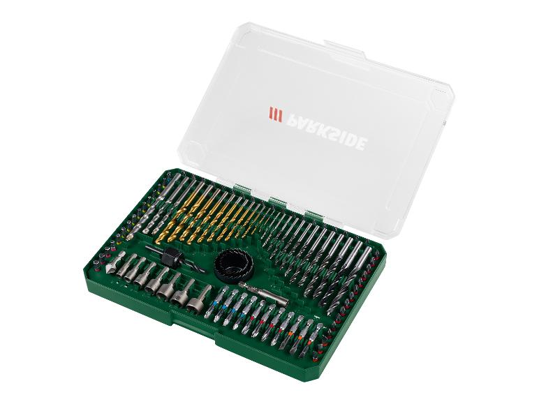 Coffret de forets et embouts Parkside dans une boîte verte.