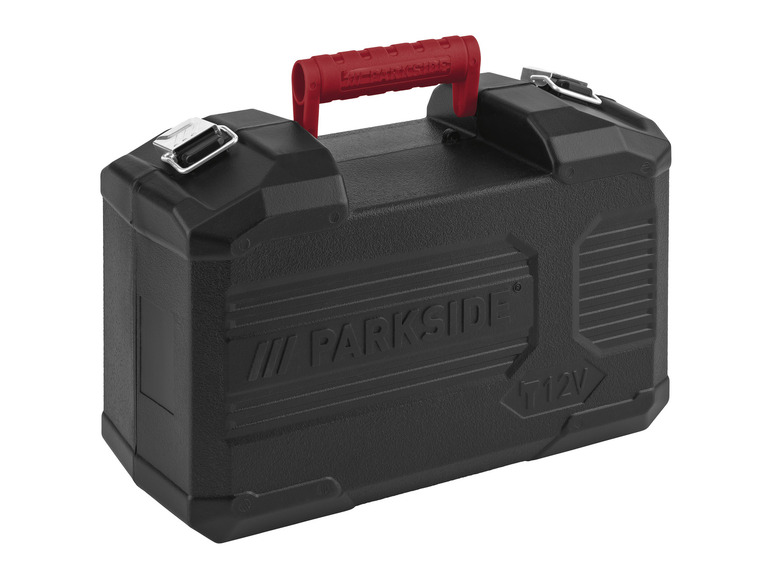 Une boîte à outils noire Parkside avec une poignée rouge.