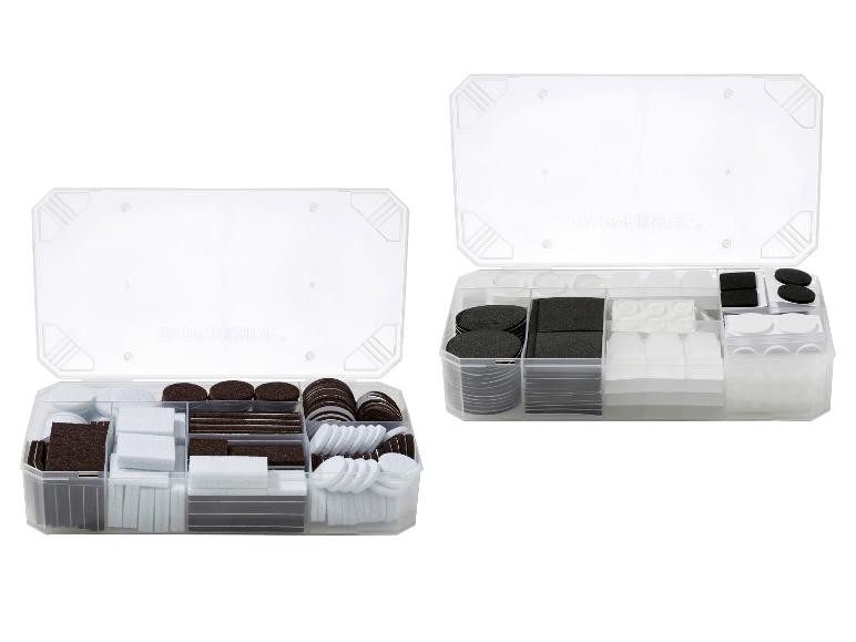 Deux boîtes ouvertes avec des patins en feutre de différentes formes, tailles et couleurs.