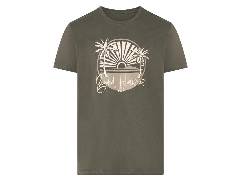T-shirt vert olive Beyond Horizons avec impression de palmiers et coucher de soleil.