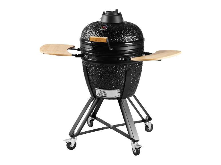 Grill kamado noir avec étagères latérales en bois et roulettes
