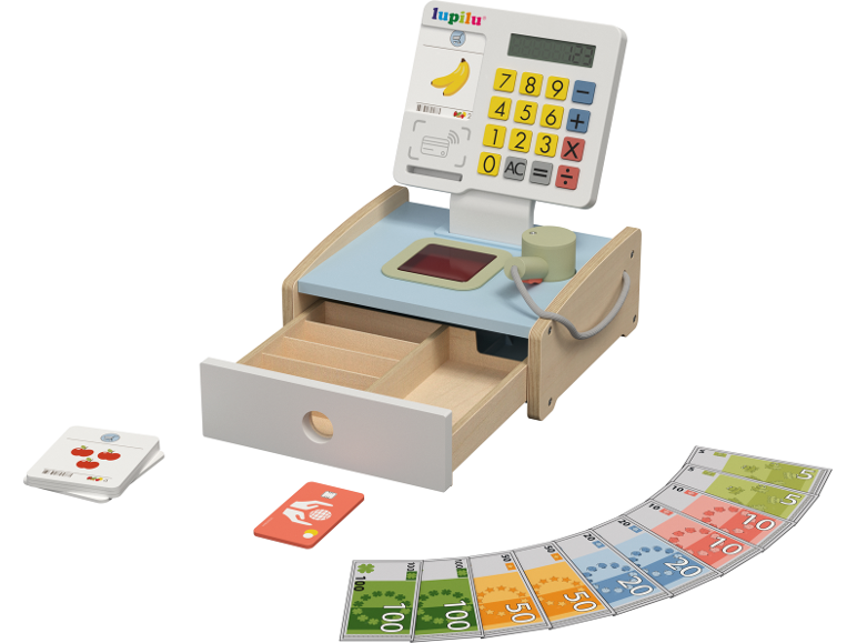 Caisse enregistreuse jouet en bois avec billets, cartes et produits.