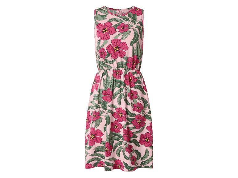 Robe rose sans manches avec un motif floral et feuilles éclatant.