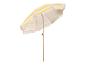 Parasol rayé jaune et blanc avec franges.