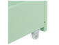Une armoire vert menthe avec des roulettes.