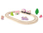 Train en bois avec une voiture rose et un wagon à cheval