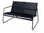 Banc de jardin noir deux places avec cadre métallique et assise en maille, dimensions 112x76x74 cm.