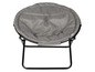 Un fauteuil rond, pliable et gris avec une structure métallique.