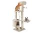 Arbre à chat beige avec deux chats, un roux jouant et un gris couché.