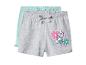 Deux shorts pour filles, un gris avec un imprimé chien et fleurs, l'autre turquoise.