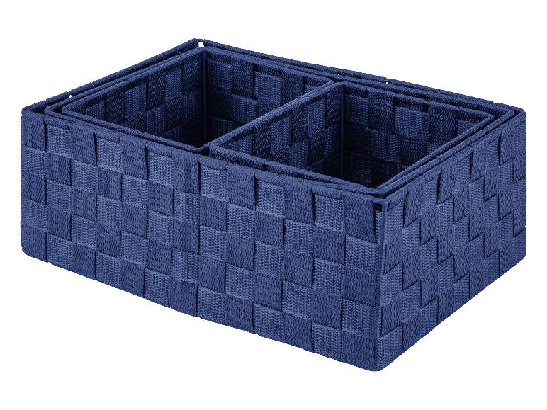 Boîtes de rangement bleu marine tressées, empilables.