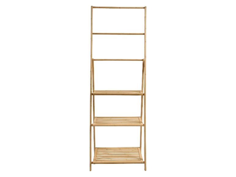 Étagère en bambou à cinq niveaux avec un design en échelle, idéale pour un rangement polyvalent.