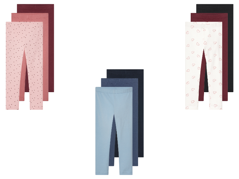 Trois ensembles de leggings pour filles dans différentes couleurs et motifs.