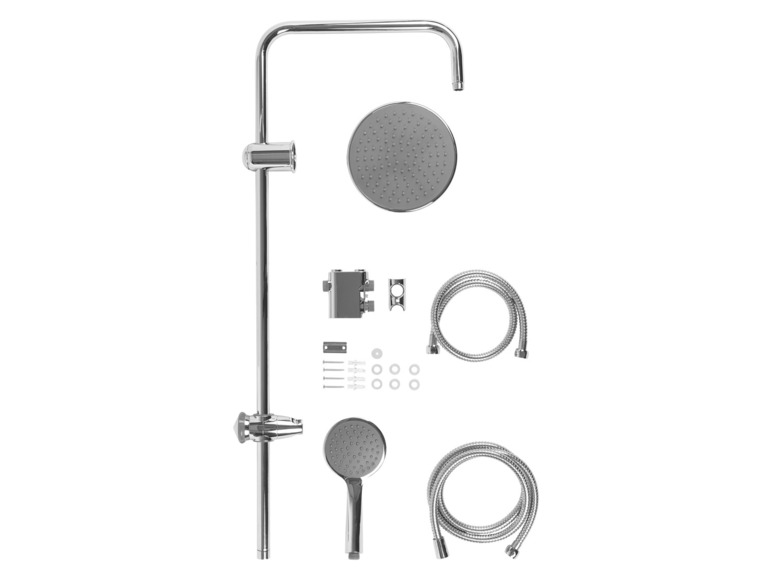Ensemble de douche avec une grande et une petite pomme de douche, deux flexibles et du matériel de fixation.