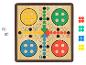 Un jeu de société en bois avec des pions de couleurs et des dés.
