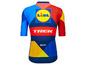 Un maillot de cyclisme Trek bleu avec le logo Lidl et des détails Santini.