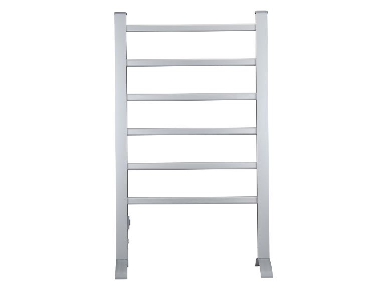 Un sèche-serviettes en métal blanc.