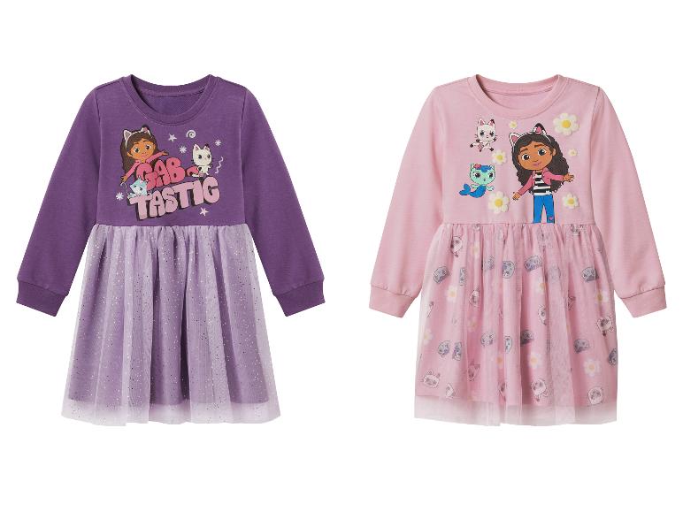 Deux robes pour filles sur le thème de Gabby's Dollhouse : une violette et une rose.