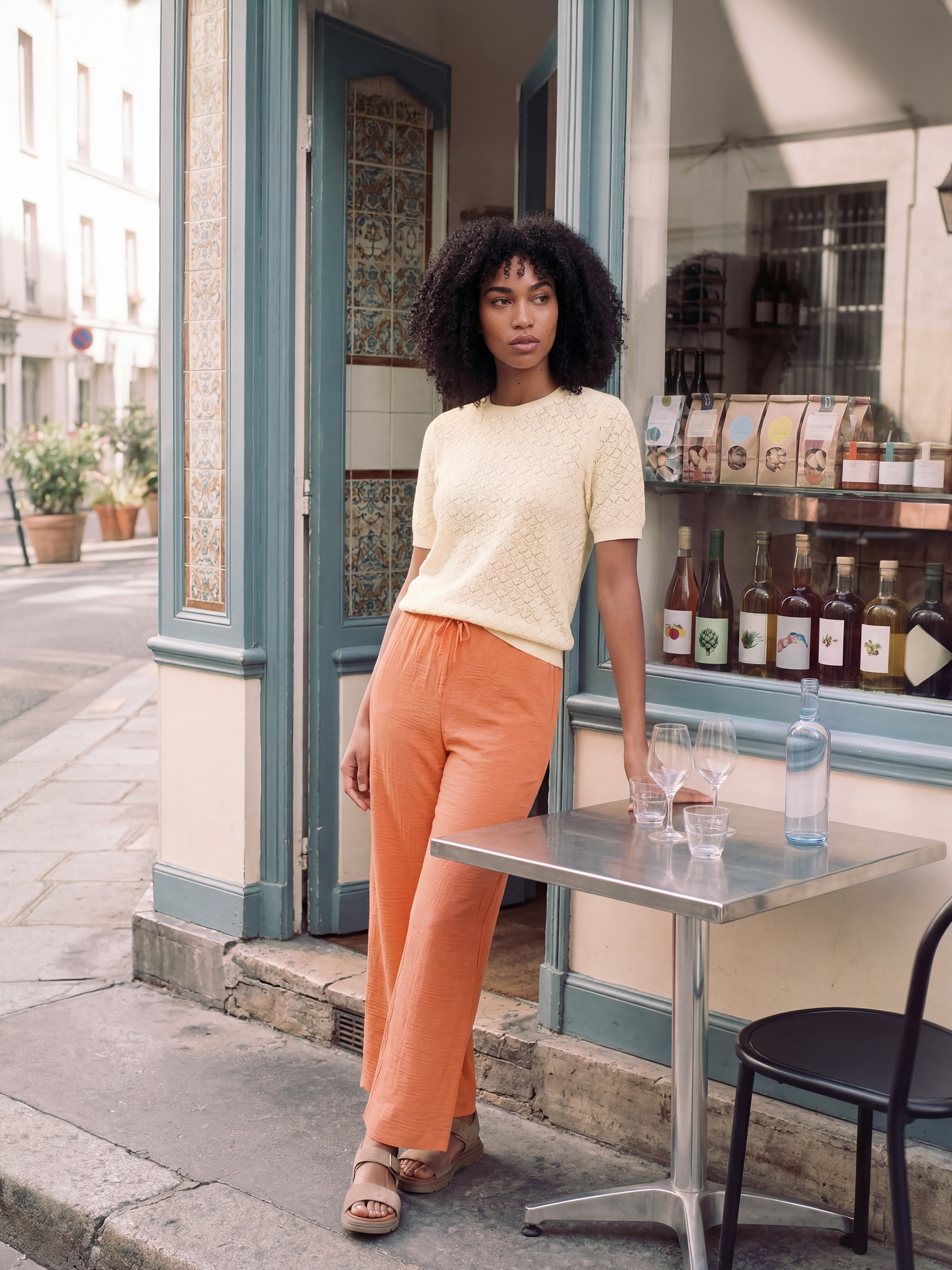 Femme en haut tricoté jaune et pantalon orange devant une boutique avec des bouteilles.