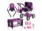 Poussette de poupée violette, porte-bébé, lit et accessoires thème fée.