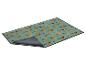 Tapis de fruits tropicaux : ananas, bananes et kiwis sur fond bleu.