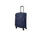 Valise en tissu bleu à roulettes avec poignée télescopique et serrure.