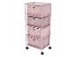 Commode rose à quatre tiroirs avec motif d'animaux de la forêt, sur roulettes.