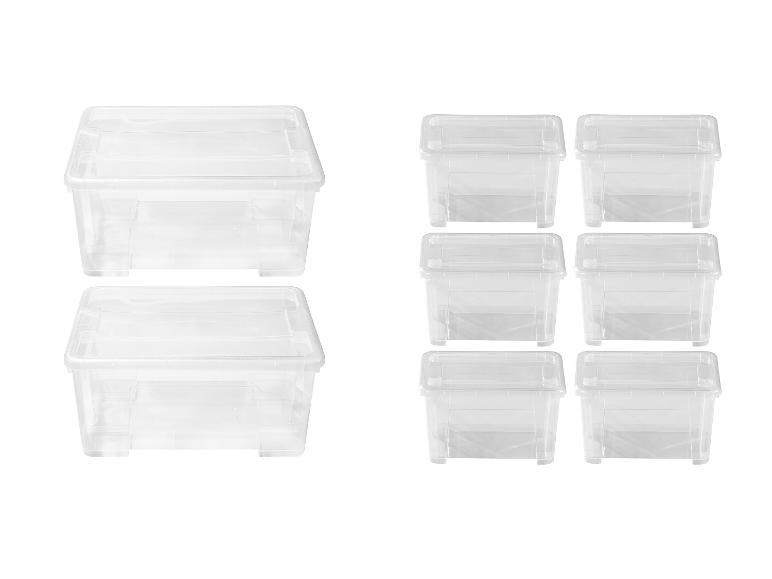 Ensemble de boîtes de rangement en plastique transparent avec couvercles, idéal pour organiser.