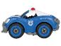 Voiture de police jouet bleue et blanche avec une sirène rouge sur le toit.