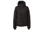 Veste matelassée noire avec capuche et fermeture éclair.