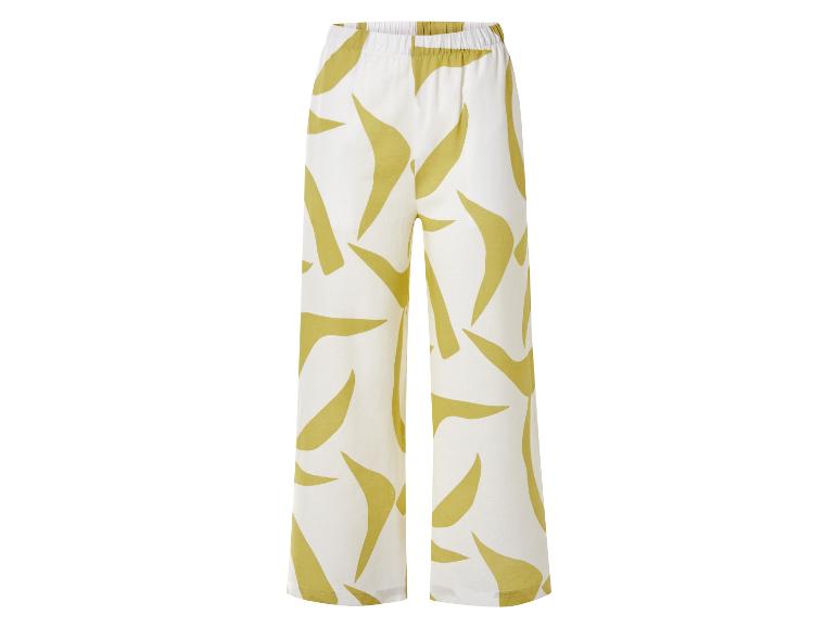 Pantalon large à motif abstrait, couleur crème et vert olive.