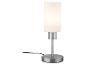 Lampe de table moderne en verre dépoli et métal brossé.