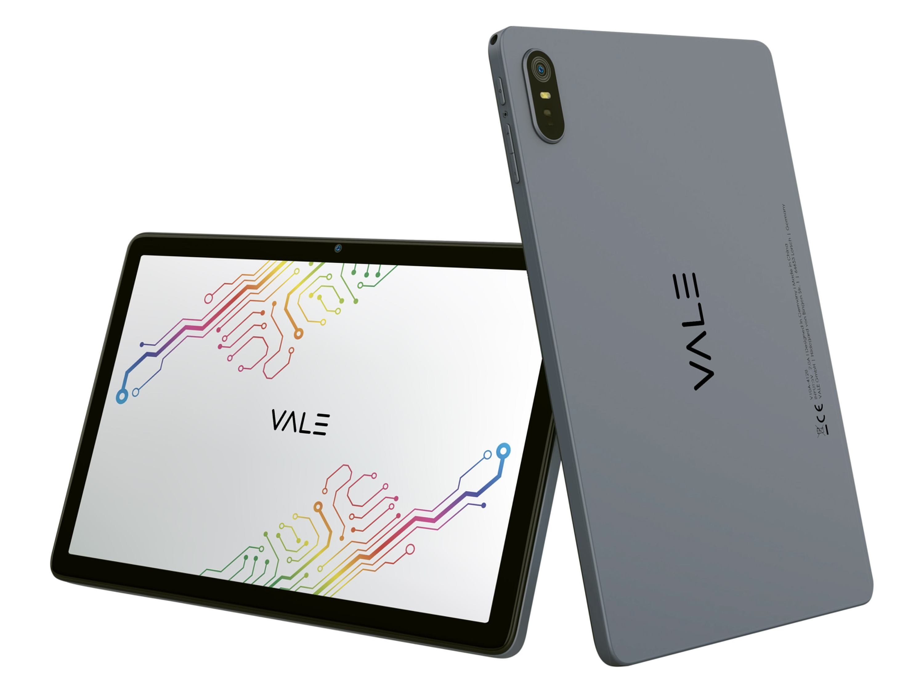 Deux tablettes grises, l'une affichant un graphique de circuit imprimé et le logo « VALE ».