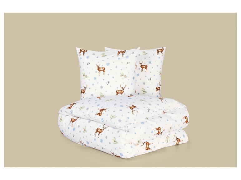 Housse de couette blanche et deux oreillers avec motif de cerfs et de flocons de neige
